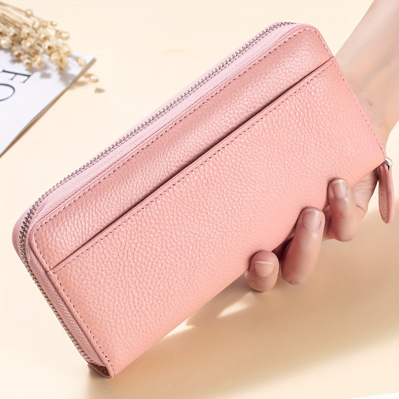 Women's Genuine Leather RFID Anti-theft Long Zipper Wallet with 19 card slots, 1 coin pocket, and 5 cash slots.