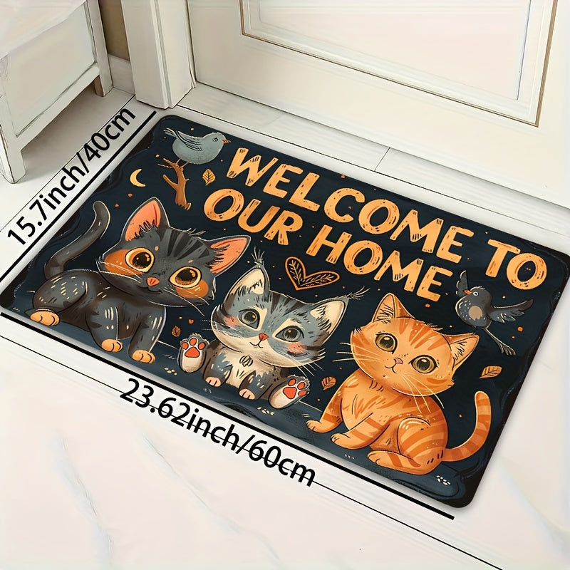 Add a Touch of Adorableness to Your Home with this Cute Cats "Welcome to Our Home" Doormat - Easy to Clean Machine Washable Polyester Non-Slip Rug Perfect for Any Room in Your House or Outdoor Area - Stylish and Functional Mat to Keep Your Space Clean