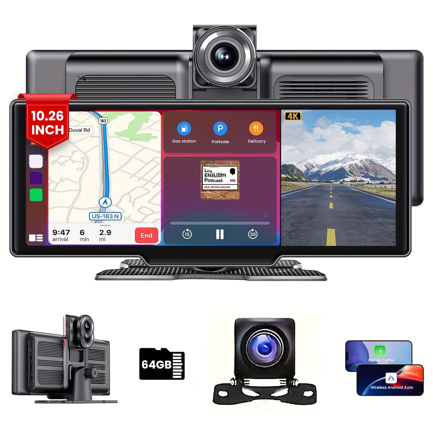 26.06 cm Wireless Carplay Android Auto Portable Car Stereo with 4K Dash Cam IPS Touchscreen, Android Auto Car Play Screen, 1080P Backup Camera, 64G TF Card, Loop Recording, and Mirror Link.