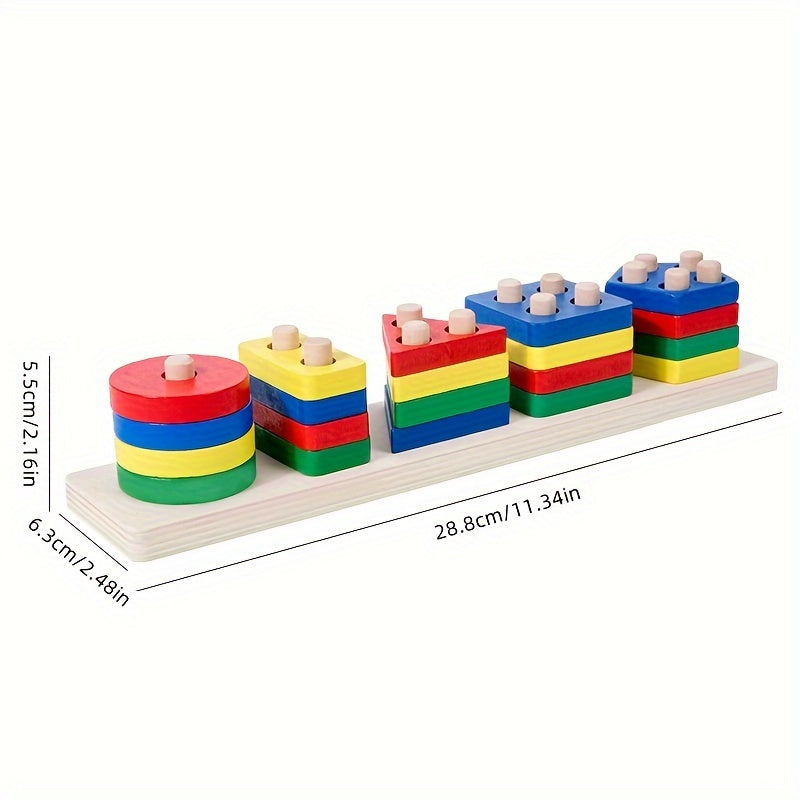 Educational wooden puzzle toy with colorful blocks for shape recognition and cognitive development.