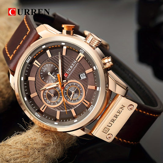 A sleek men's sports watch featuring a variety of functions, a durable PU leather strap, and an automatic date display.