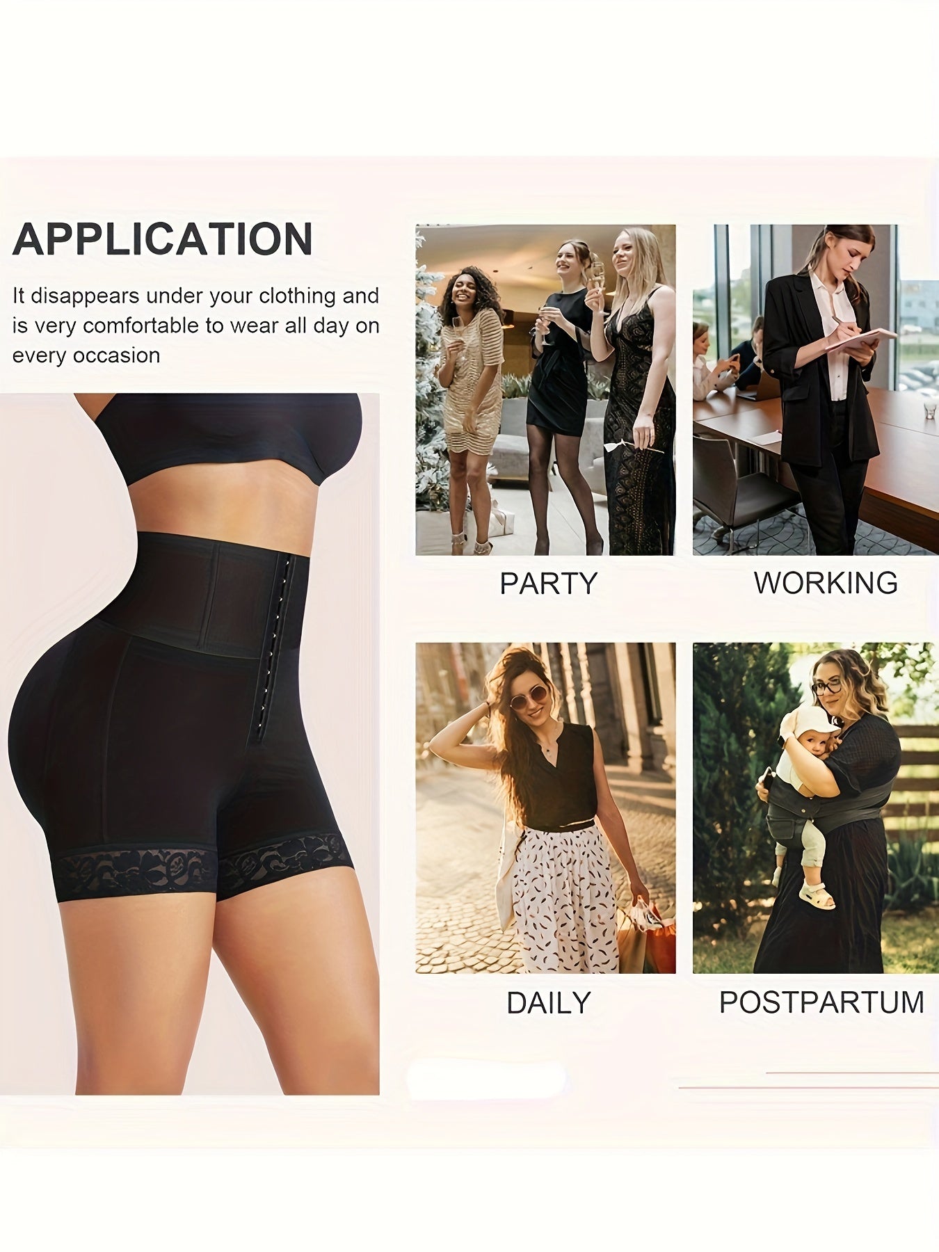 High-waist shapewear shorts with tummy control and lace trim, seamless body shaper for slimming under dresses.