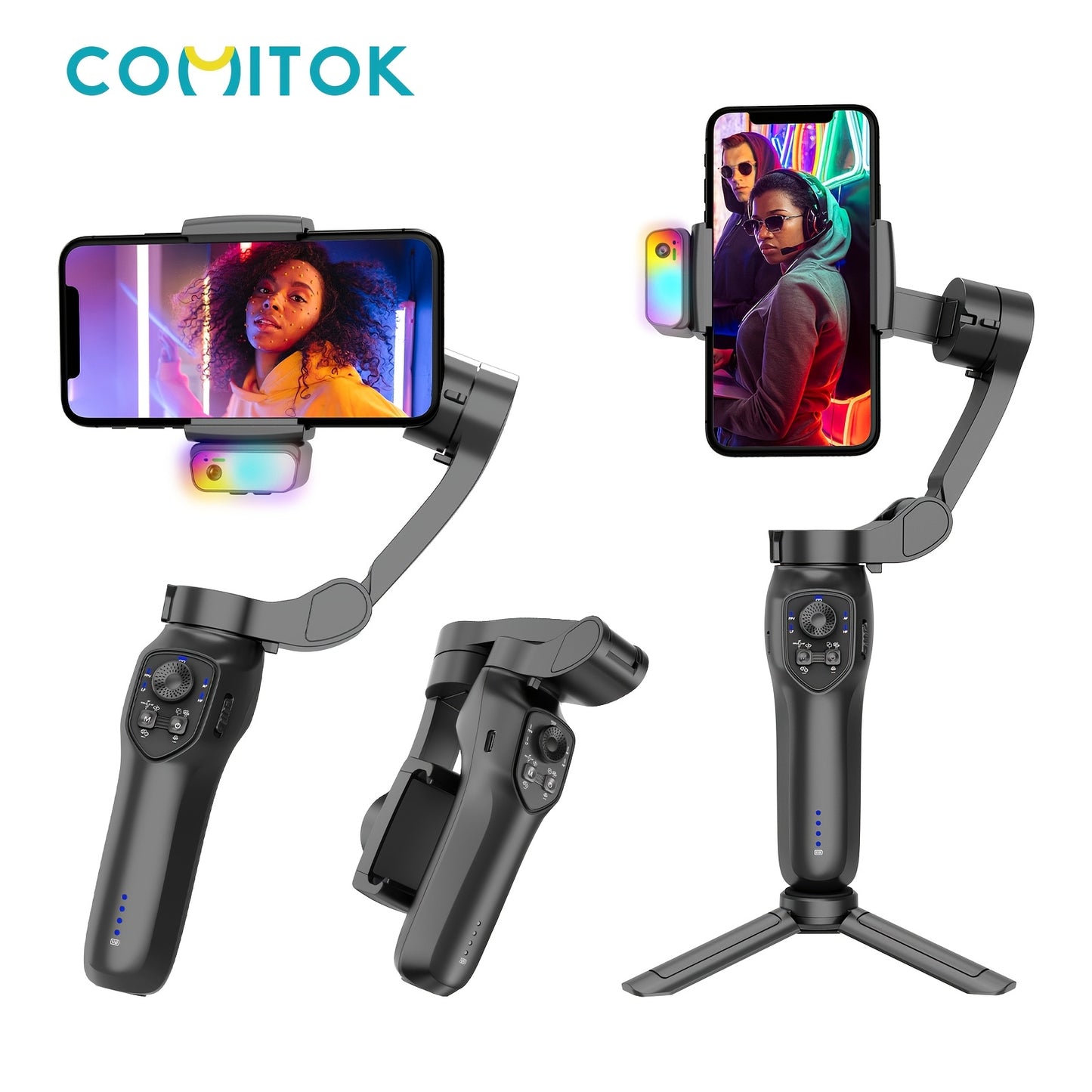 3-axis smartphone stabilizer with RGB lighting, face tracking and wireless capabilities. Rechargeable with USB, works with Apple and Samsung phones. Perfect for video shooting and holiday