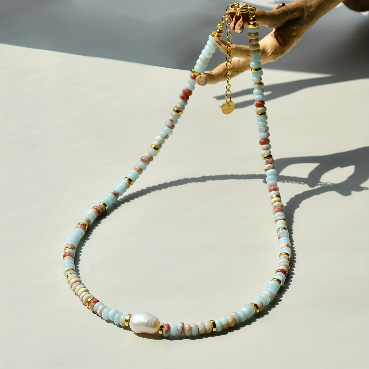 Luxurious Colorful Natural Stone Beaded Necklace with Elegant Freshwater Pearl Decoration, Handcrafted Mother's Day Gift, Boho Vacation Collar Chain.