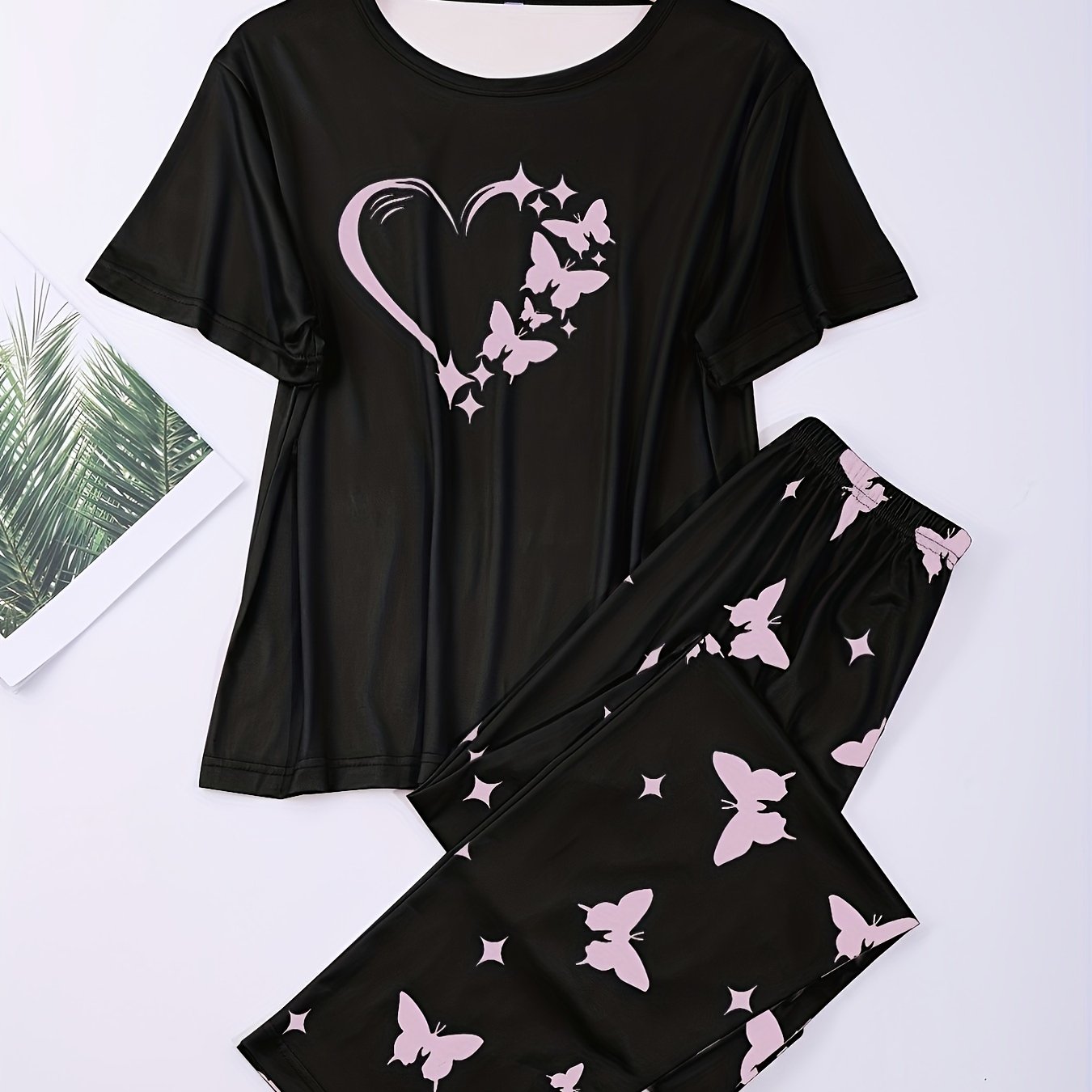 2pcs set: Polyester/Elastane knit pajamas for women. Crew neck top with heart & butterfly pattern, ideal for spring/summer/fall sleepwear.