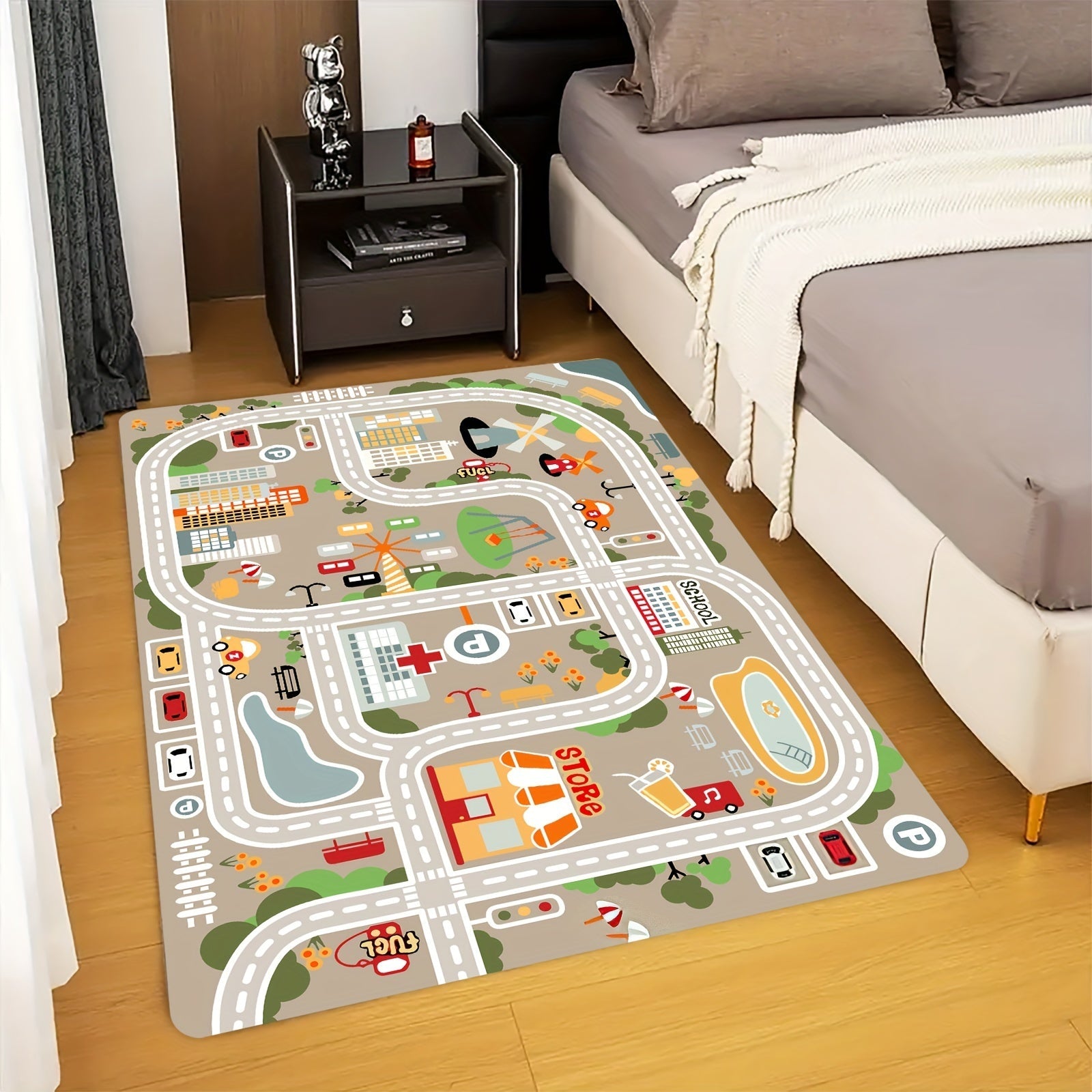 Colorful Cartoon Map Mat for Kids' Spaces - 1.09cm Thick, Soft, Non-Slip & Machine Washable - Features Transportation & Playground Design for Youngsters' Rooms, Living Room & Outdoor Areas