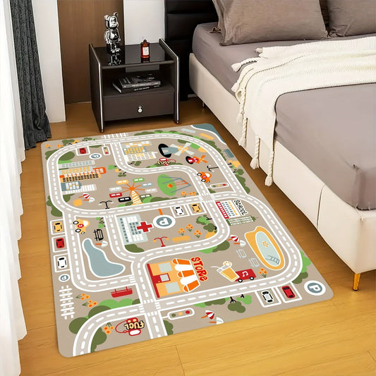 Colorful Cartoon Map Mat for Kids' Spaces - 1.09cm Thick, Soft, Non-Slip & Machine Washable - Features Transportation & Playground Design for Youngsters' Rooms, Living Room & Outdoor Areas