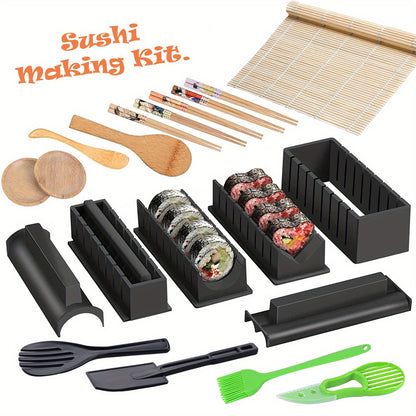 Sushi making kit for beginners includes 22 pieces, including rice roller mold, reusable maker set, fork, spatula, and other kitchen tools.