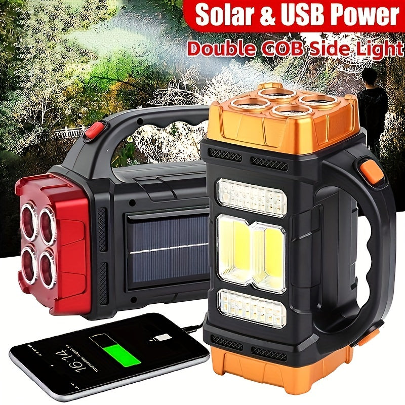 Solar rechargeable flashlight with 1500mAh nickel battery, USB charging, detachable plastic shade, push button control, and emergency lighting for camping and fishing.