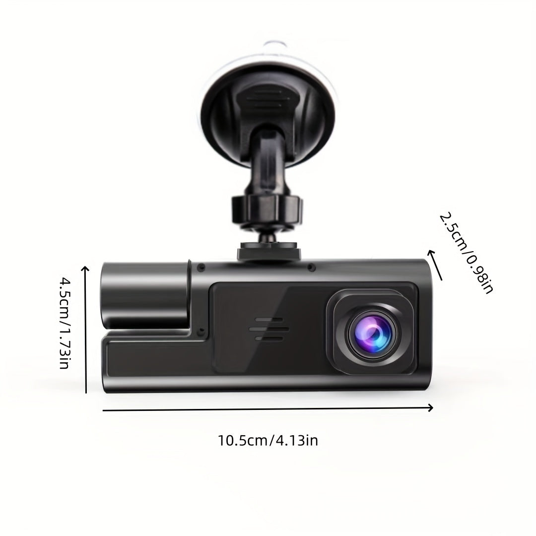 GYIOEUPT Triple Camera Front Lens with 1080P, built-in lens with 480P, and rear lens with 480P HD tachograph. Features include infrared night vision, cycle recording, 5.08 cm IPS screen