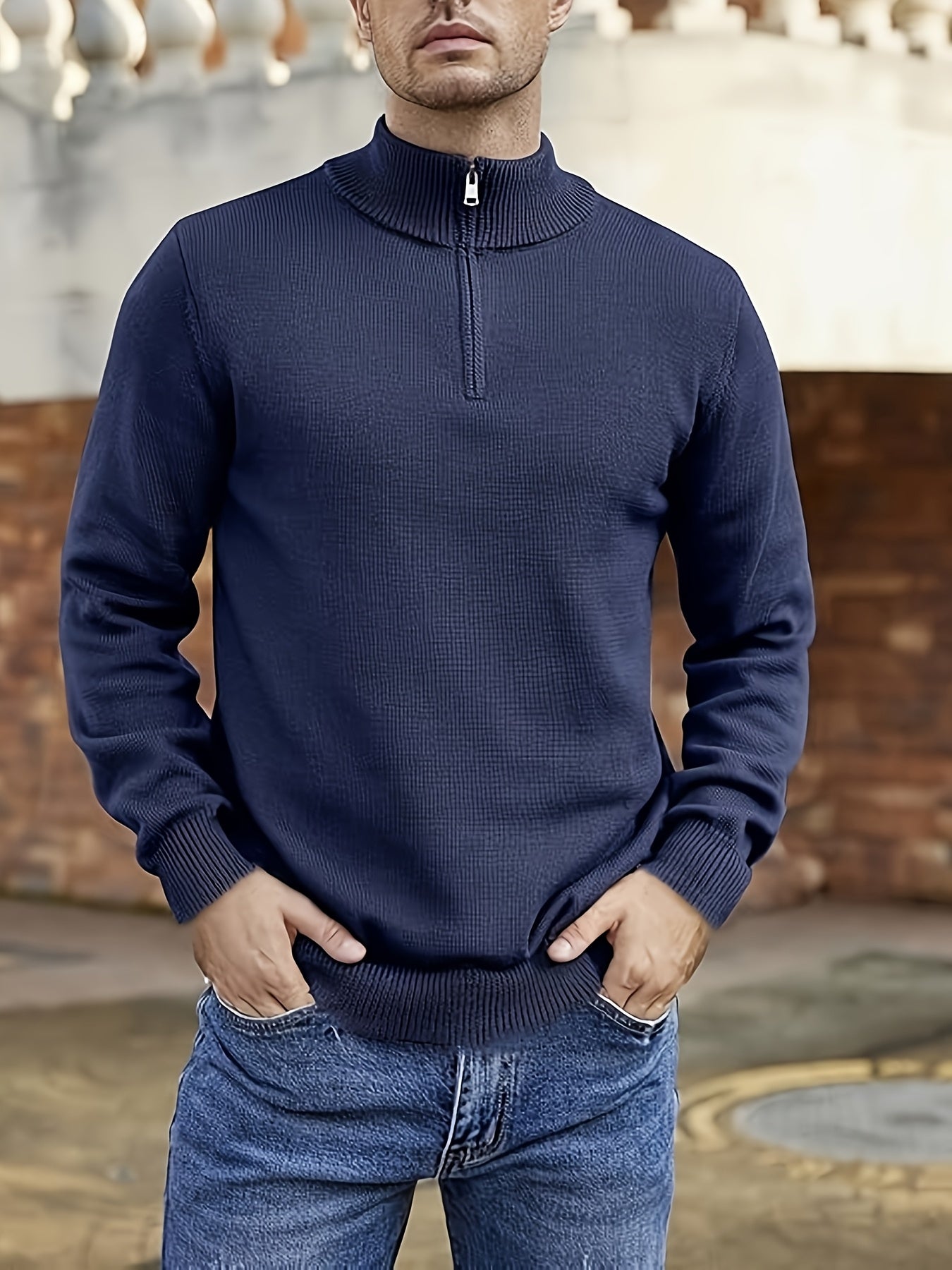 Men's Solid Knitted Pullover with Half Zipper, Casual Long Sleeve Sweater for Outdoor wear.