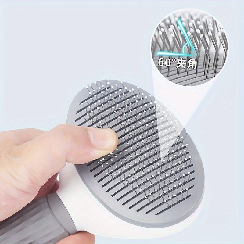 Pet hair removal comb with one-button operation, ideal for grooming and massaging dogs and cats.