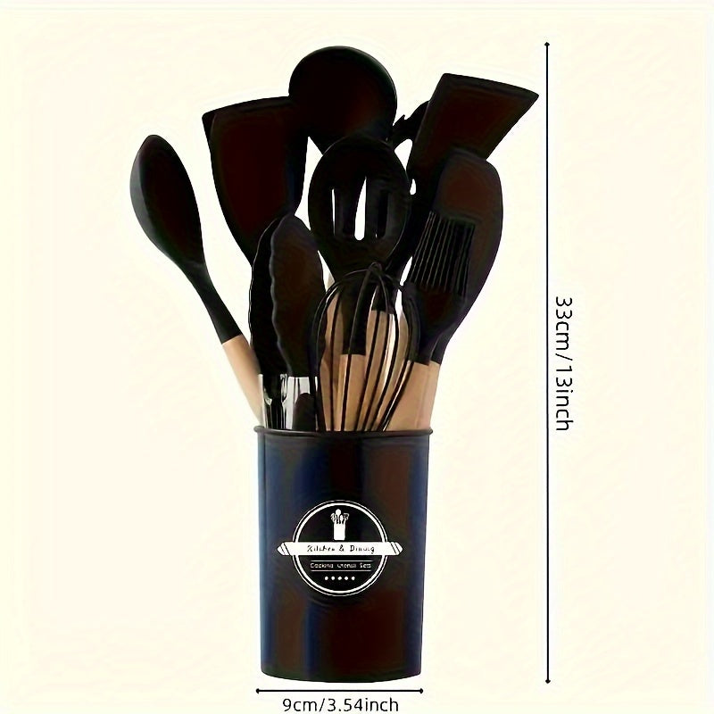 Wooden-handled Silicone Kitchen Utensil Set - Includes 6 or 12 Pieces of Cooking and Baking Tools such as Non-Stick Spatula, Ladle, Whisk, and Storage Rack. Ideal for Holiday Celebrations such as Christmas, Halloween, Easter, Hanukkah, and Thanksgiving.