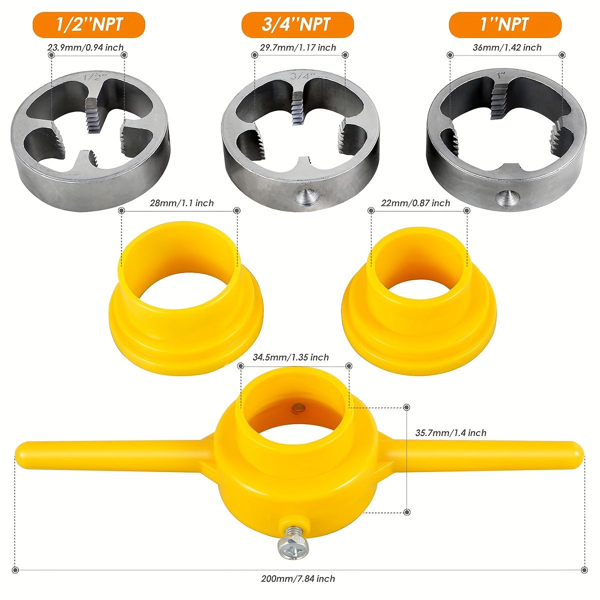 6-piece PVC pipe threader plumbing tool kit includes 1/2 inch, 3/4 inch, and 1 inch dies for PVC threading.