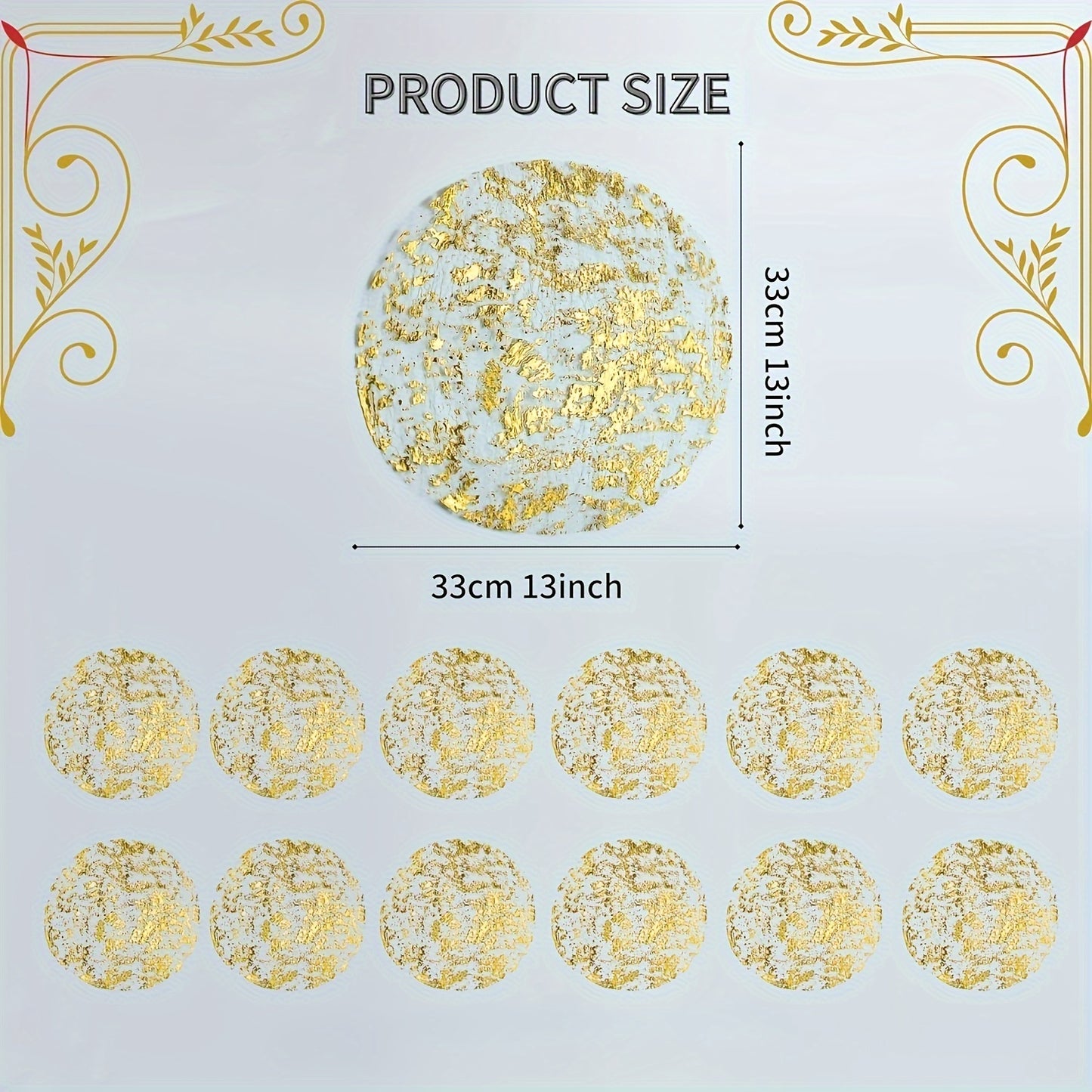 12 golden foil placemats with grid pattern, ideal for autumn table decor, measuring 33 cm. Perfect for Christmas, weddings, birthdays, coasters, and tablecloth decor.