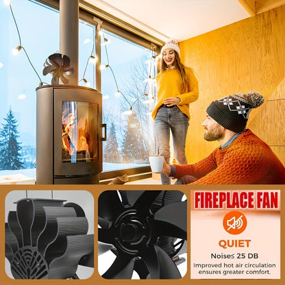 6-Blade Black Aluminum Fireplace Fan - Silent Operation, evenly distributes heat without needing electricity. Ideal for creating a cozy atmosphere for winter nights and makes for a great Christmas gift. Enhance your fireplace decor.