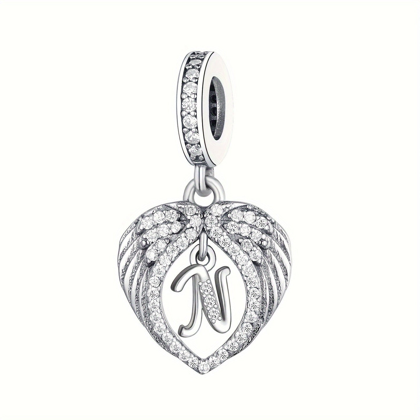 925 Sterling Silver Heart-shaped Wing Pendant with Synthetic Zircon Letter Pattern for DIY Jewelry Making, Perfect Gift Idea