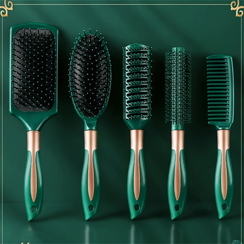 Set of 5 hairdressing combs including air cushion, round curling brush, detangling, and anti-static combs.