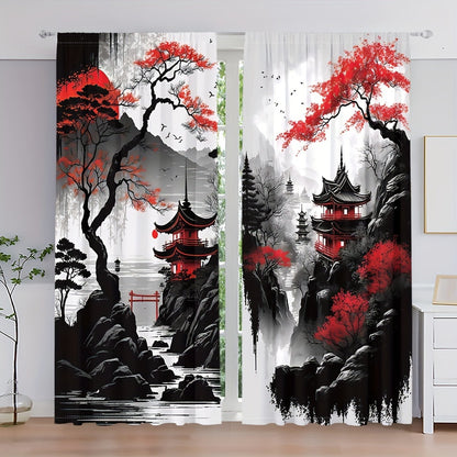 Set of 2 Japanese Mountain Ink Painting Print Curtains with Rod Pocket Mount, Made from Polyester Material, Perfect for Living Room, Kitchen, Bedroom, Study, and Home Decor, Featuring Digital Printing Technology