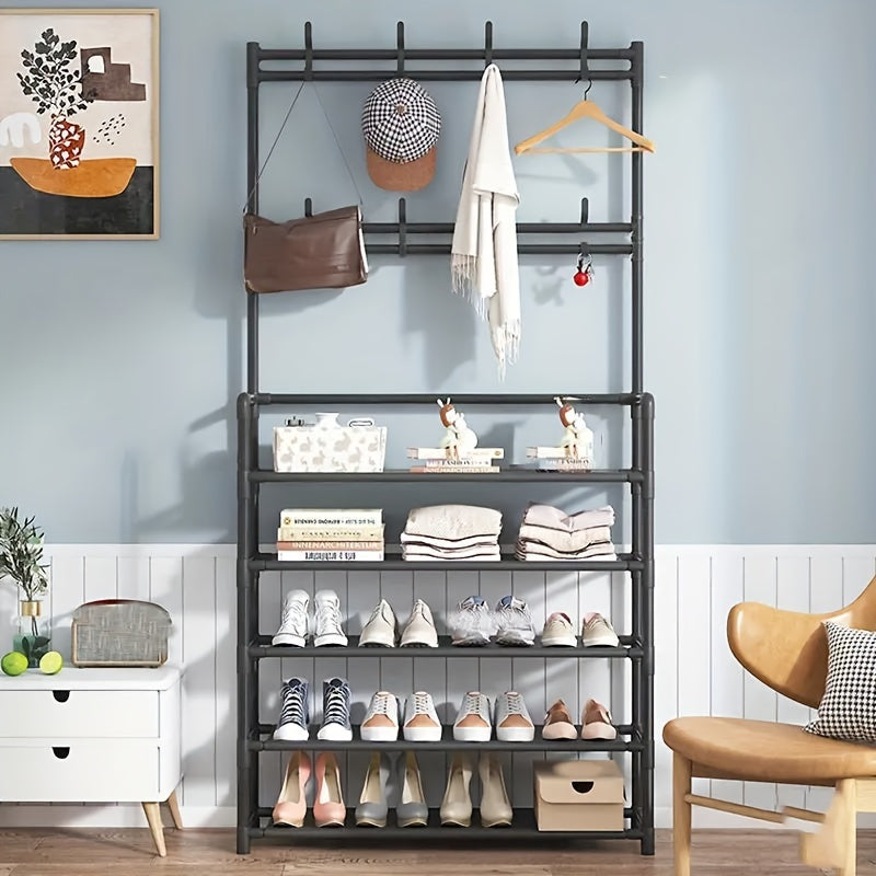 Durable hanger and shoe storage with 8 hooks and shelves, ideal for organizing coats and shoes in home entrances, foyers, bedrooms, and bathrooms. No assembly required.