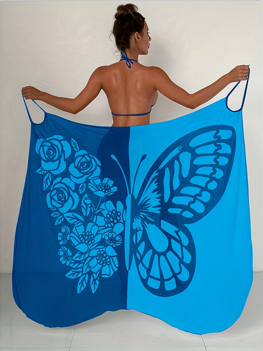 Butterfly print beach cover-up with high stretch fabric, made of polyester and elastane blend. Sheer wrap sarong with no padding, perfect for summer beachwear.