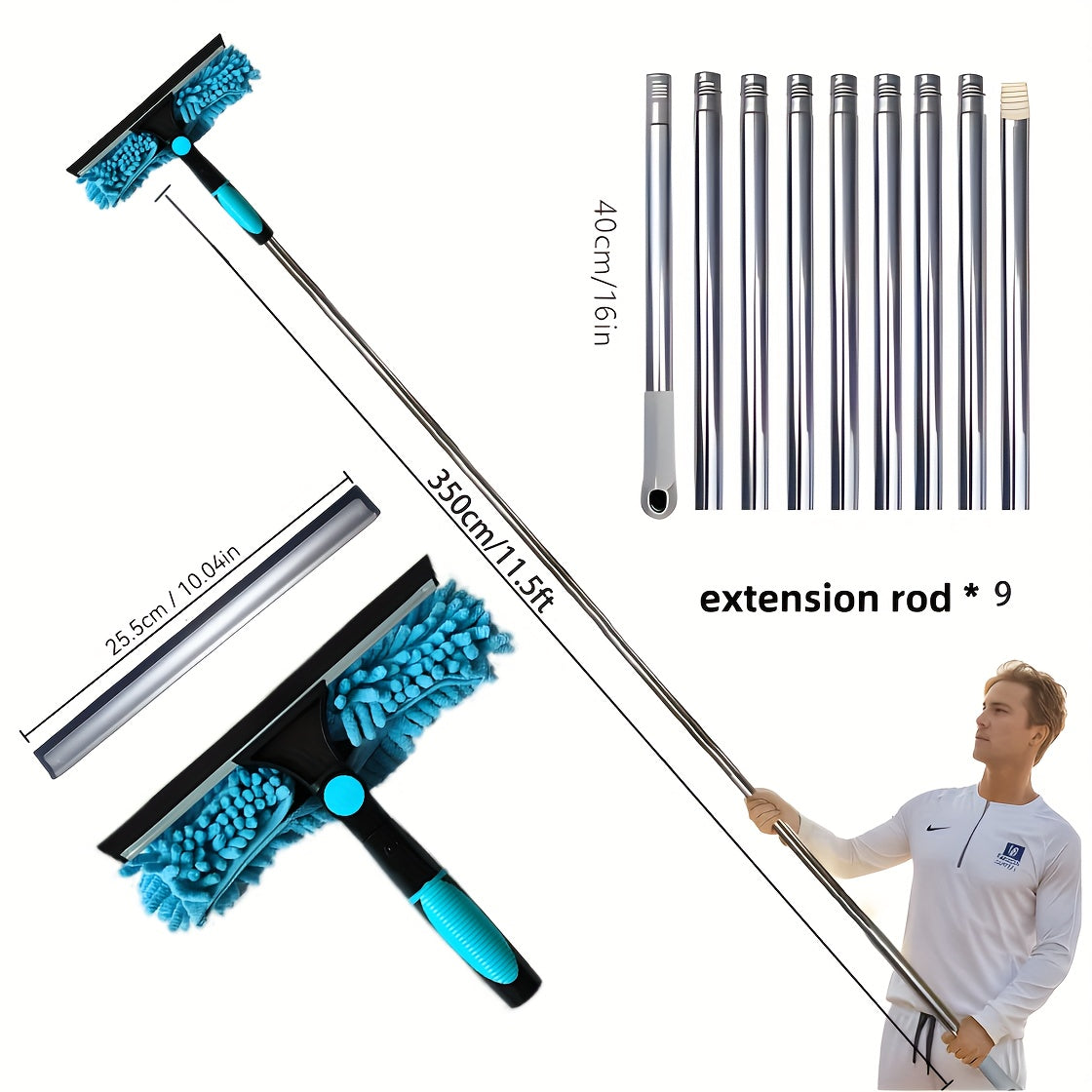 Window cleaner kit with washer, squeegee, microfiber cloth, stainless steel handle, resin head, and 59.74-meter reach, available in 5 colors. No electricity needed.