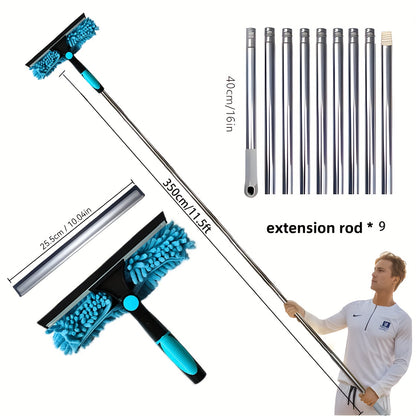 Window cleaner kit with washer, squeegee, microfiber cloth, stainless steel handle, resin head, and 59.74-meter reach, available in 5 colors. No electricity needed.