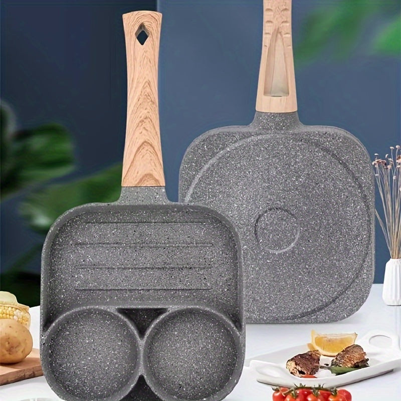 Kitchen accessory: Non-stick aluminum omelet pan with a wooden handle. Perfect for pancakes, bacon, and burgers. Hand wash only. Compatible with gas stove and induction cooker. Perfect breakfast pan.