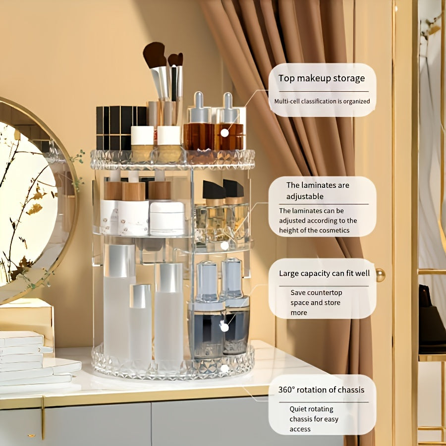 Rotating makeup organizer for versatile cosmetic storage, including pen holder. Ideal for vanity and desk organization.