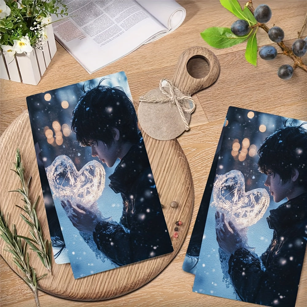 This pack includes two ultra-soft kitchen towels showcasing an anime boy crafting a heart out of ice in a winter landscape. These highly absorbent dish towels are ideal for holiday decor, can be easily cleaned in the washing machine, and come in a