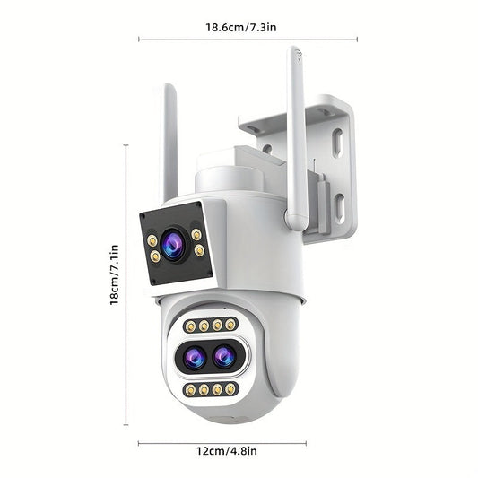 5K Zoom Security Camera with Full Color Night Vision and Intelligent Tracking, featuring an Intercom system. Control remotely through the app, with Dual 5MP Screens and Wi-Fi connectivity.