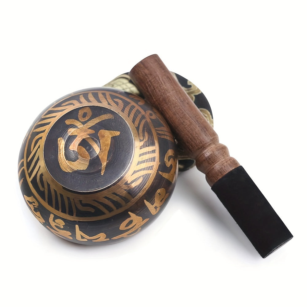 Handcrafted Tibetan Singing Bowls Set includes hammered copper sound bowl, mallet, and drawstring bag for yoga, meditation, and chakra balancing.