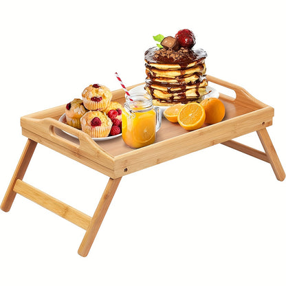 Multifunctional wooden bed tray with folding legs, perfect for breakfast, snacks, work, or study in bed or on the sofa. Great for picnics, camping, dorm rooms, and home use.