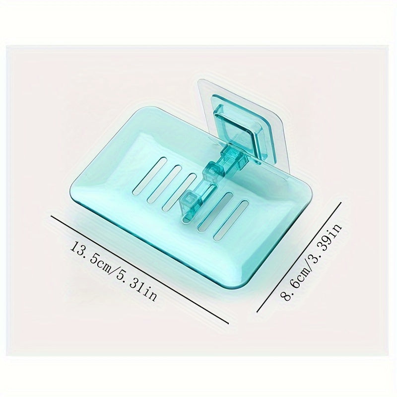 Wall-mounted soap dish with drainage, adhesive holder for bathroom organization.