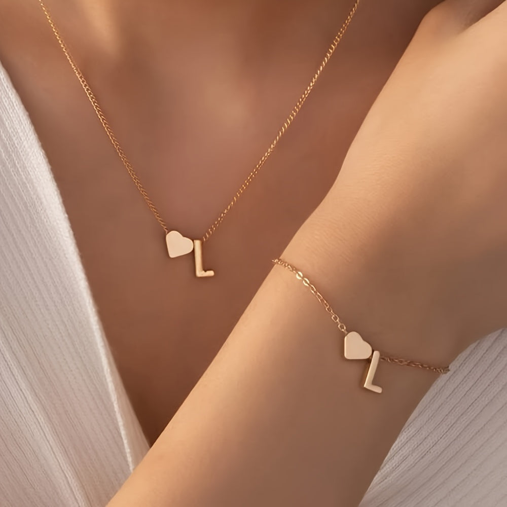 Chic two-piece set with metal heart and letter necklace and bracelet, ideal for daily wear.