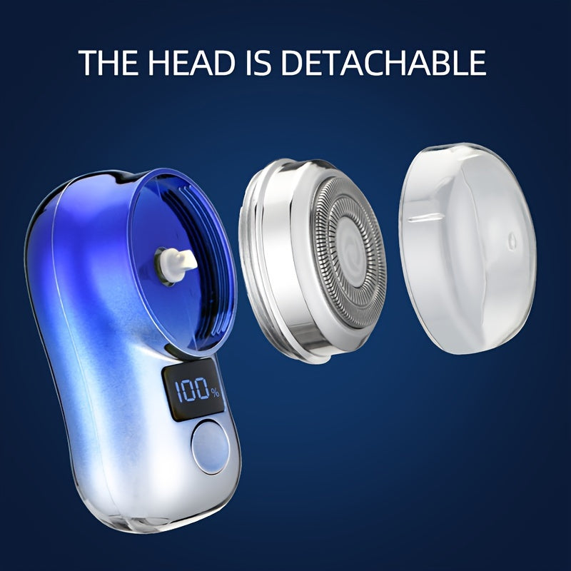 Compact and portable men's electric shaver with USB charging and digital display, perfect for business trips and as a holiday gift.