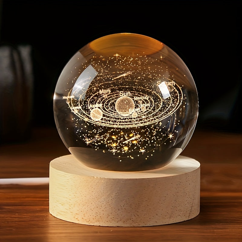 6cm USB-powered 3D Solar System Crystal Ball with Multicolor LED Base. Perfect for astronomy enthusiasts and space collectors.