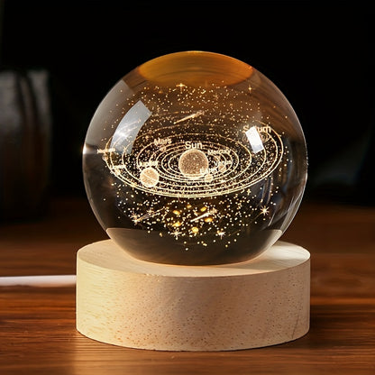 6cm USB-powered 3D Solar System Crystal Ball with Multicolor LED Base. Perfect for astronomy enthusiasts and space collectors.