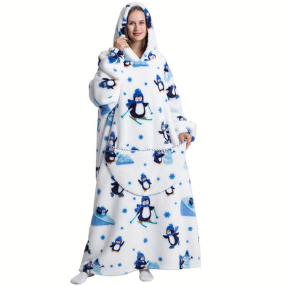 Super warm and cozy fleece oversized hoodie blanket with sleeves for adults. This wearable blanket hoodie features a giant pocket and is perfect for staying extra warm on cold days. Makes a great gift for women, men, and moms.