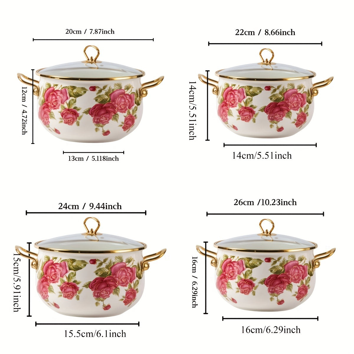 Luxurious stockpot with gold handle and lovely rose flower enamel design. Comes with a durable glass lid and is offered in four different sizes. Perfect for high-end cooking in your home or outdoor kitchen.