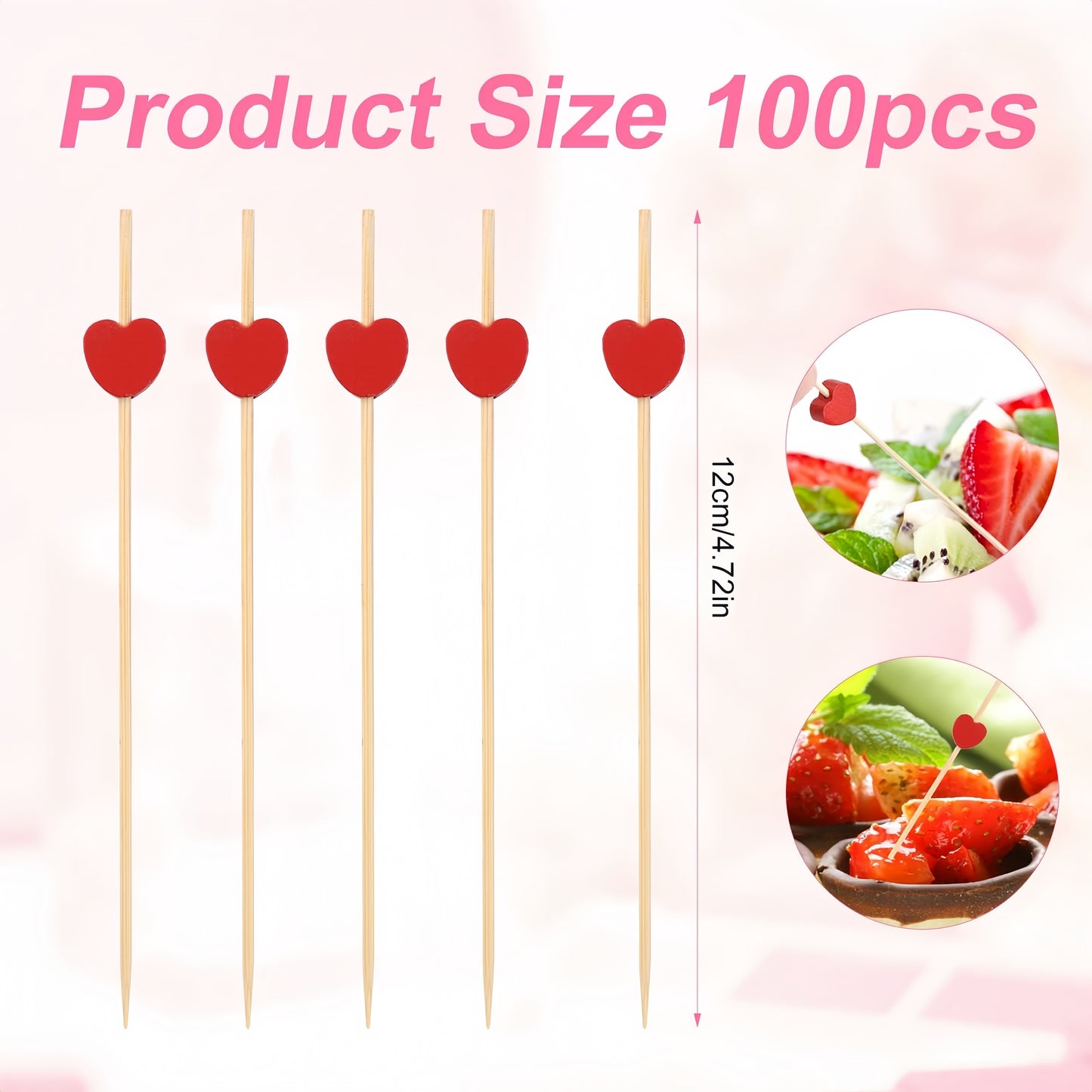 100pcs red heart cocktail picks, 11.94 cm bamboo skewers for bridal shower, wedding, and Valentine's party. Great for decorating food and drinks.