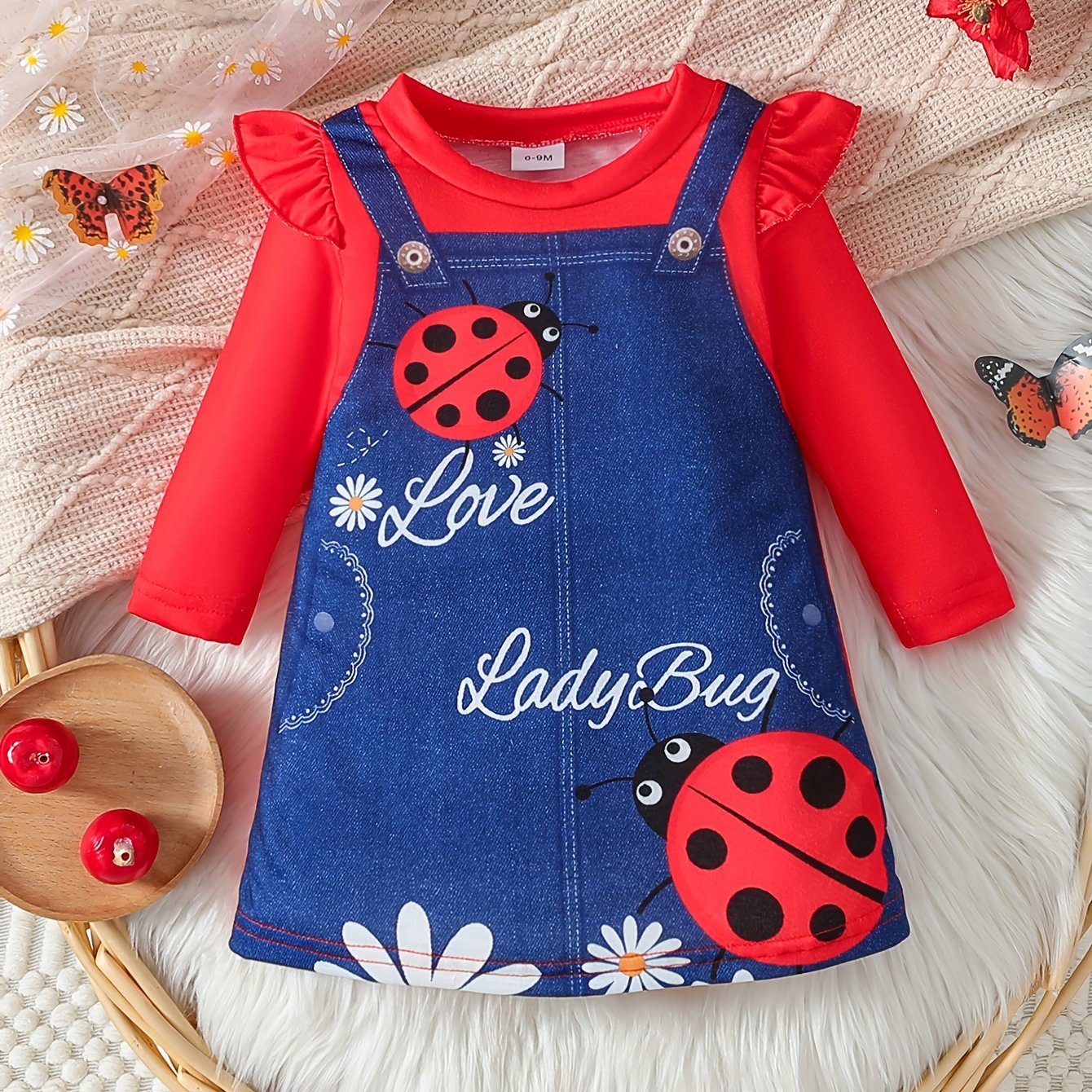 Spring dress for baby girls with lotus leaf sleeves, cute pattern, and flower bee design, both comfortable and fashionable.