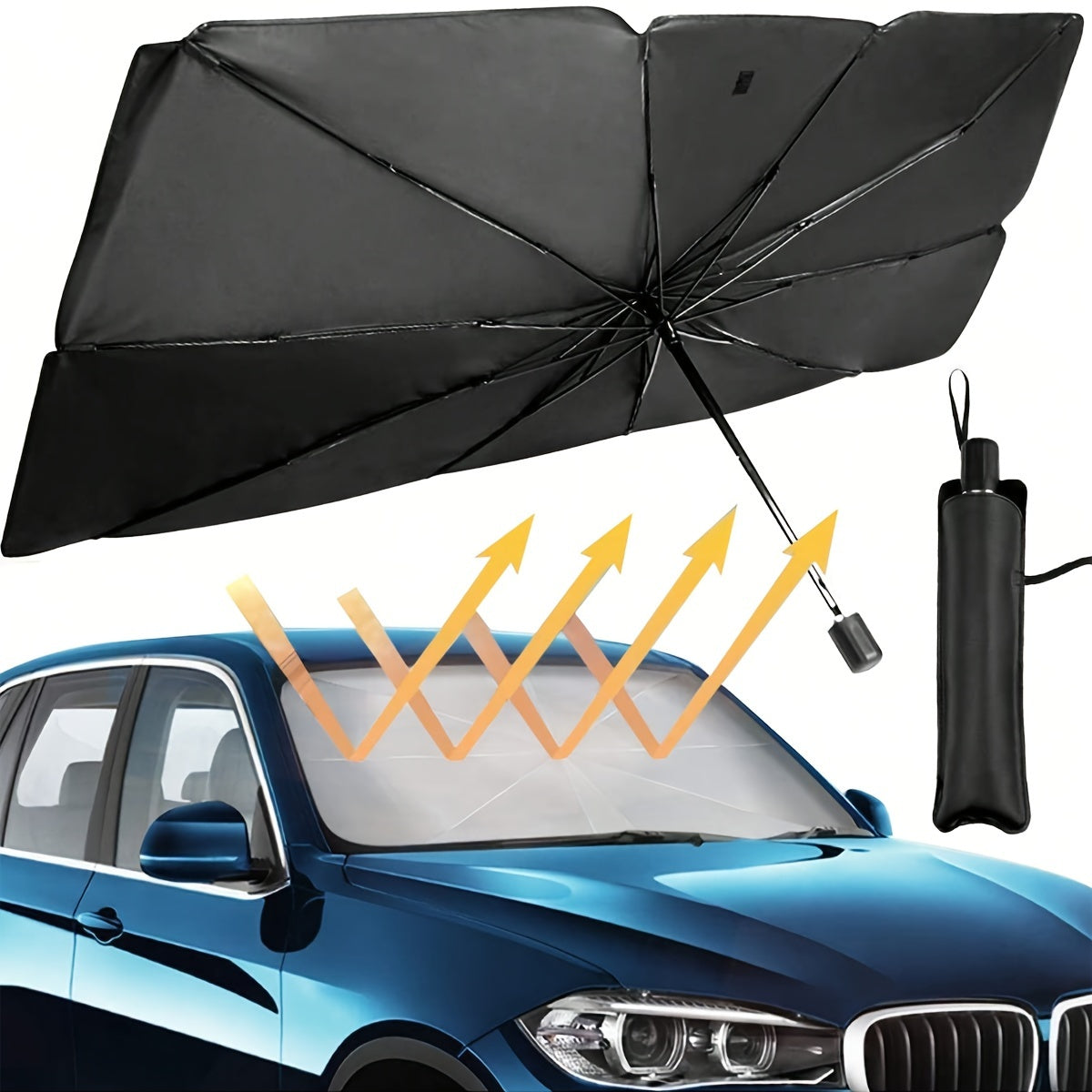 Portable, foldable car windshield sunshade in black, 140*80cm for SUV/Off-Road use to protect your car from the sun.