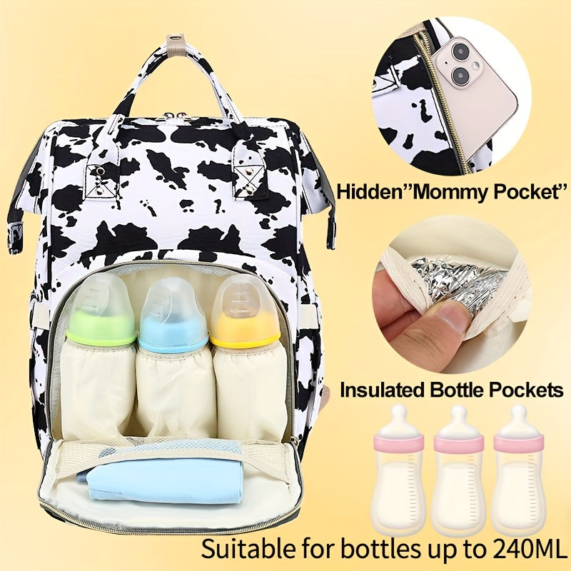 Versatile Diaper Bag Backpack with Stroller Hook, Perfect for Both Parents, Spacious and Stylish with Cow Print and Leopard Print Design - A Must-Have Travel Essential.