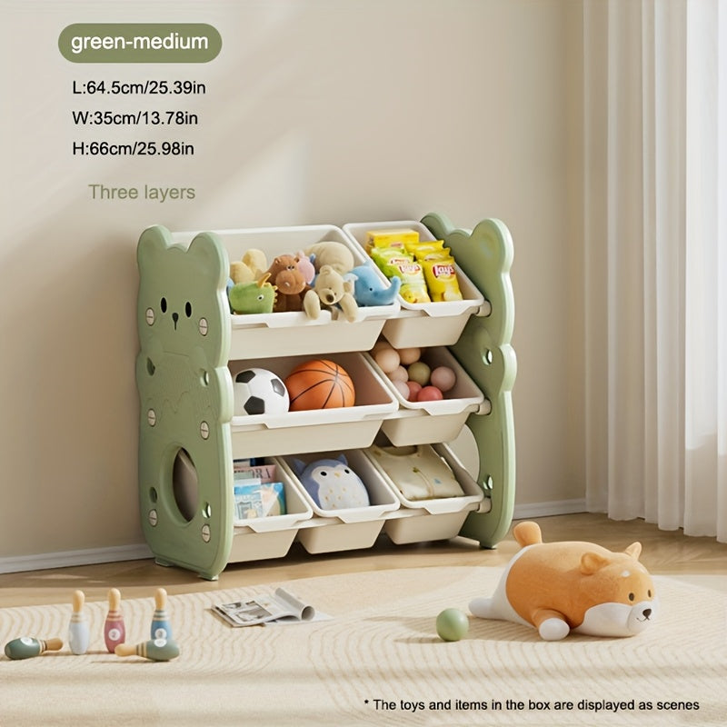 3-tier storage organizer with bins for toys, books, and clothes. Ideal for playroom and bedroom.