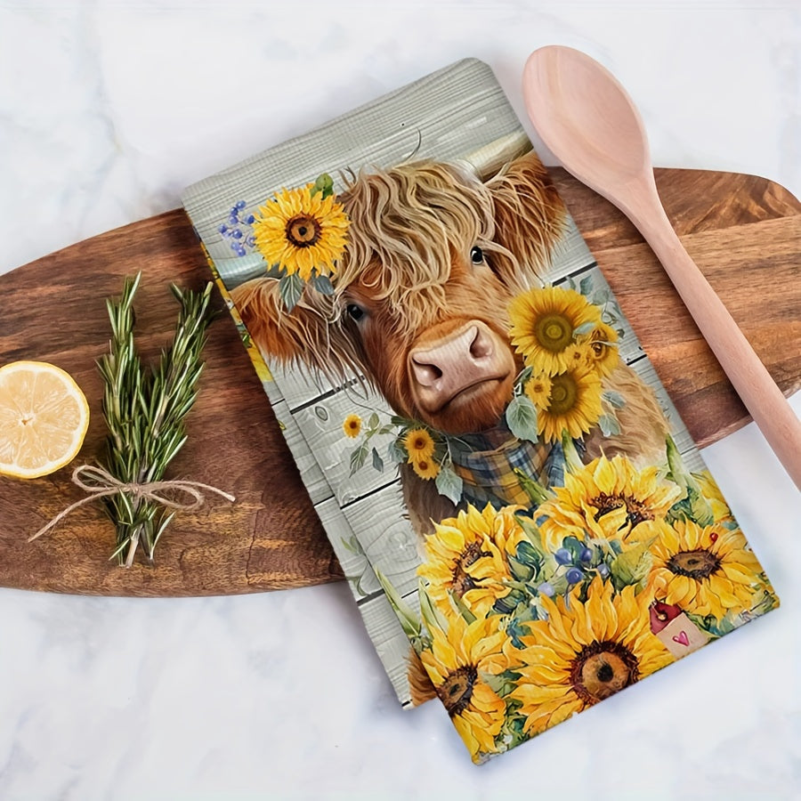 Set of two colorful hand towels with sunflower cow pattern, farmhouse style. Perfect for kitchen or bathroom use.