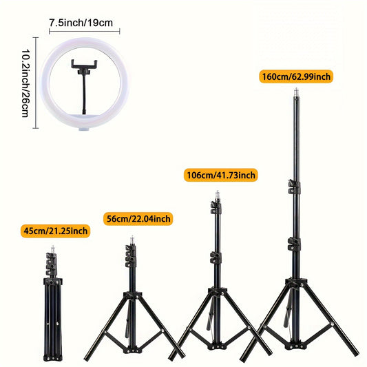 10-дюймовый светодиодный светильник с выдвижным штативом и держателем для телефона для селфи-камеры - идеальное освещение для путешествий, макияжа, видео и прямых трансляций.