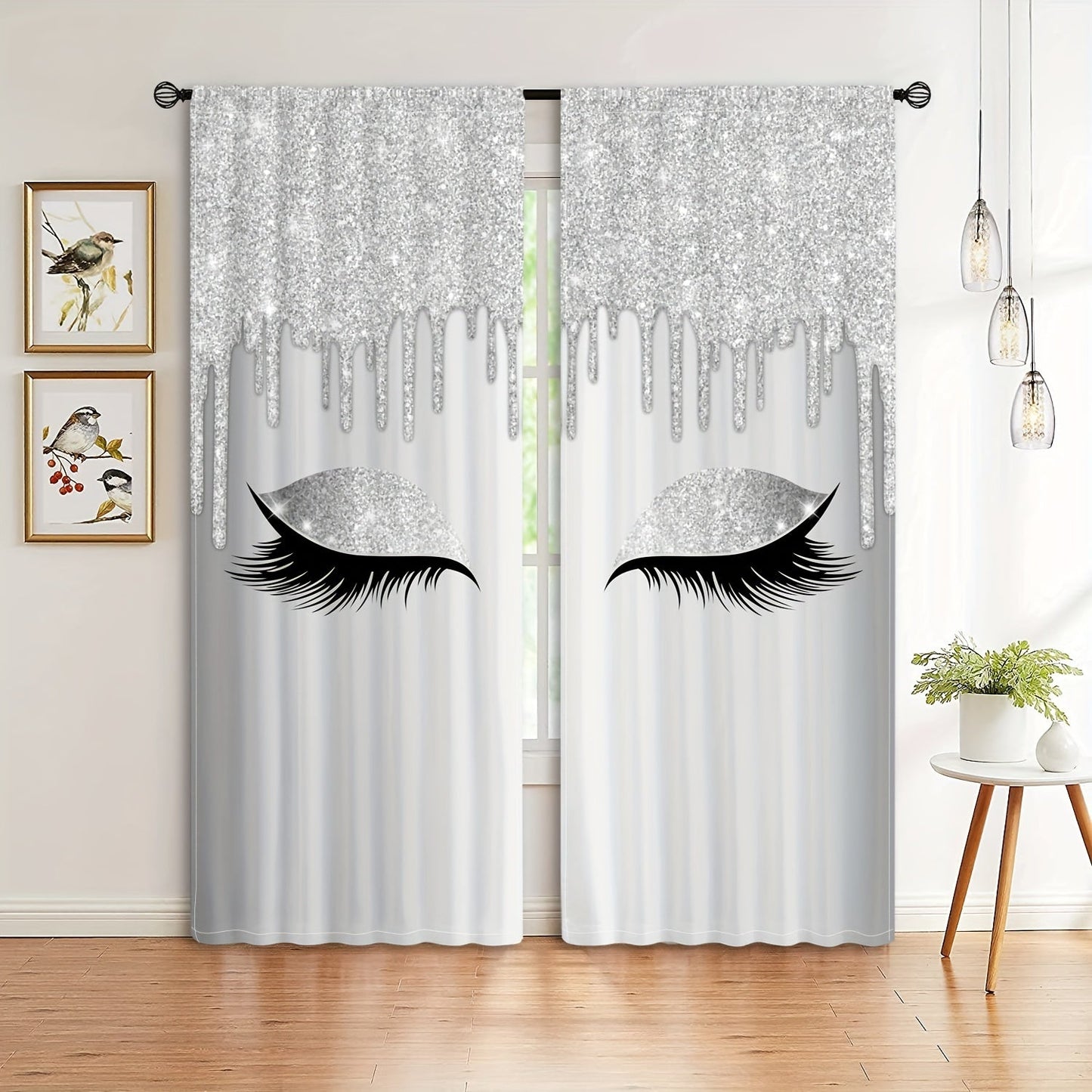 Set of two Eyelash Printed Curtains, Rod Pocket Window Treatments ideal for Bedroom, Office, Kitchen, Living Room, Study, and Home Decor. Enhance your room with stylish and aesthetic decorative curtains.