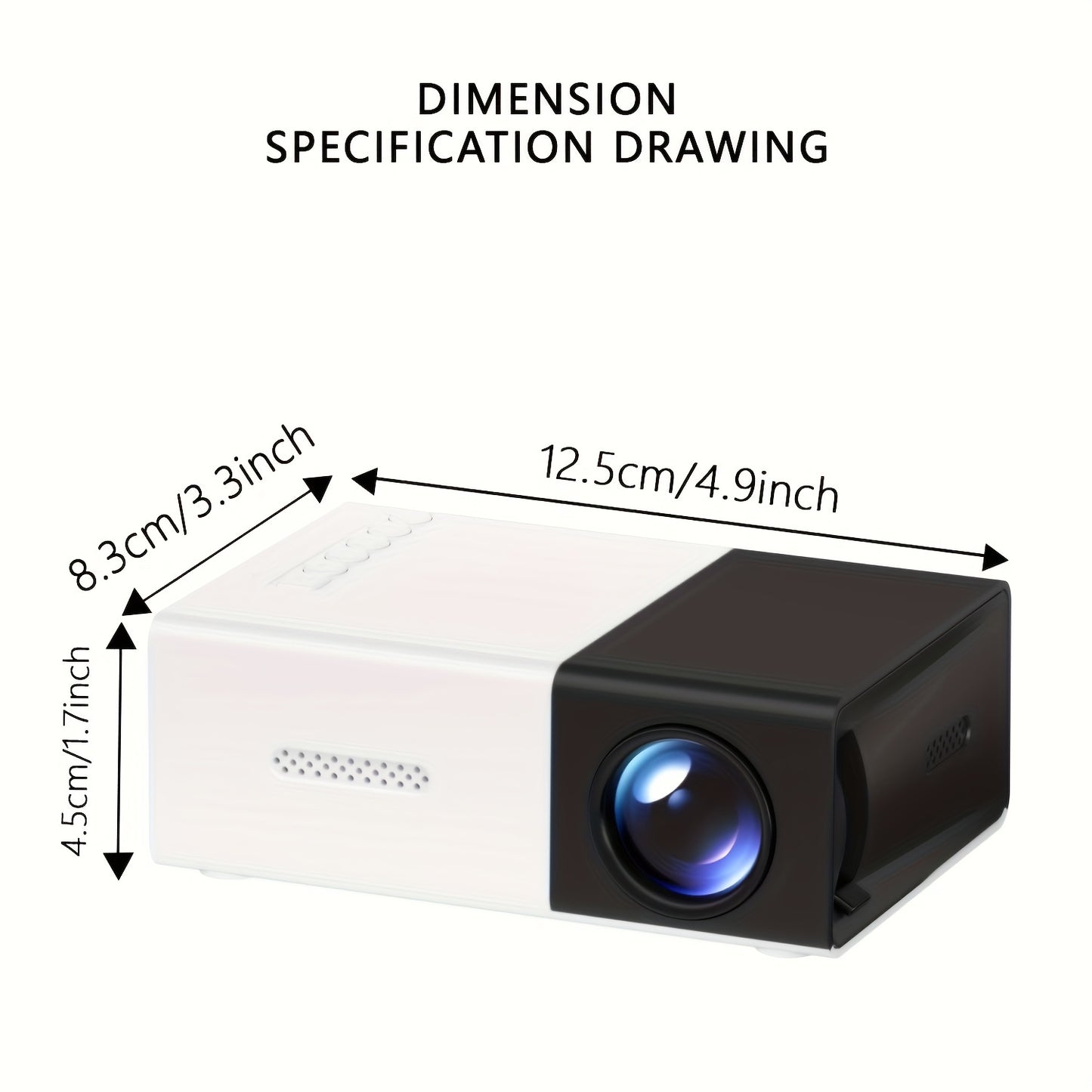 Compact ZRZTM Mini HD projector with 1080P wall projection capability and multiple ports for USB, AV, TV BOX, laptop, and SD card.