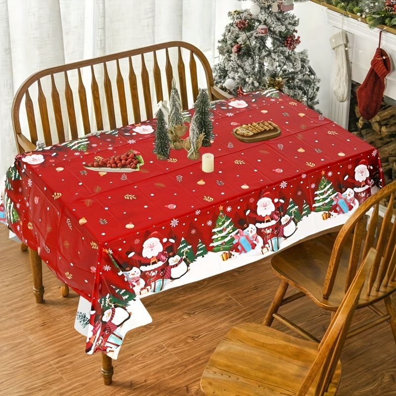 1 piece Christmas tablecloth featuring Santa, penguin, and snowflake design on red background. Made of smooth polyester, measuring 130x220cm. Ideal for parties, gifts, and home decor.